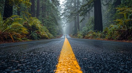 Road winding through California redwood forest with misty trees background, wide angle shot with copy space for travel and nature themes