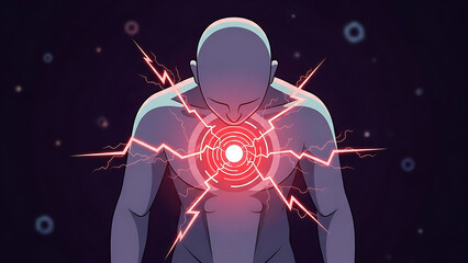 chest pain concept human figure glowing red heart lightning representing stress anxiety and urgent medical issues.