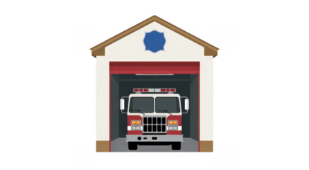 Fire truck in a fire station garage emergency vehicle isolated on a transparent background