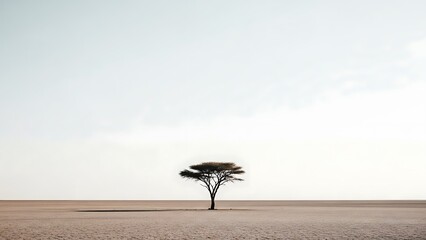 Solitary Acacia Tree Standing in Vast African Savanna Landscape.