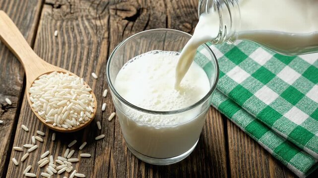 Rice Milk Pouring into Glass - A Healthy Dairy Alternative.