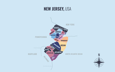 A map showing NJ New Jersey USPS into County in a minimalist colorful style