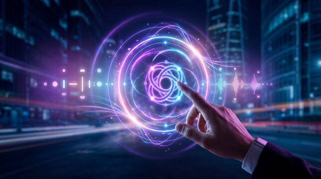 Businessman interacting with futuristic digital interface in cityscape - Powered by Adobe