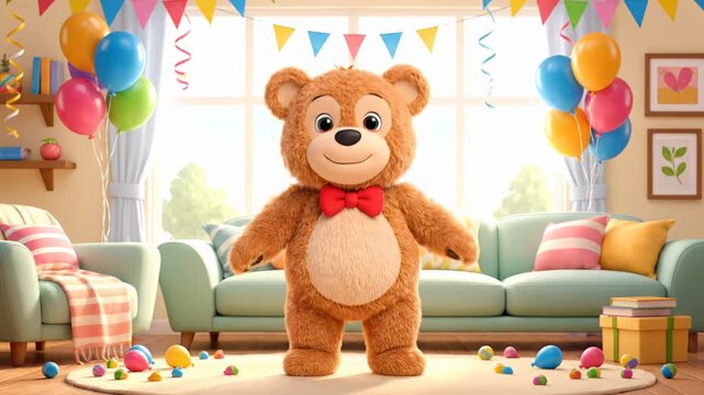 Animated teddy bear dancing celebration colorful party room