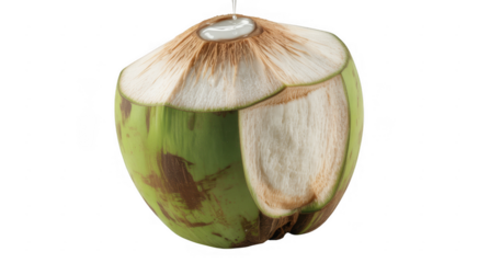 Green coconut with brown spots and white interior tropical fruit isolated on a transparent background