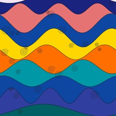 Obraz premium Abstract, colorful pattern featuring horizontal layers of undulating waves in pink, blue, yellow, orange, and teal, accented by small scattered spiral motifs.