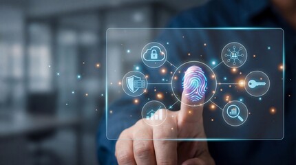 Biometric authentication concept with fingerprint scan and security icons