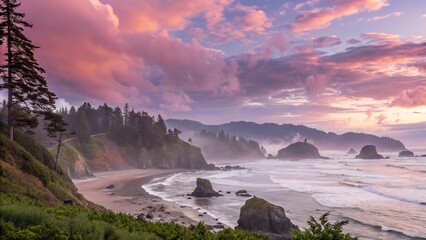 Coastal Oregon seascape with pink clouds above sea stacks at twilight