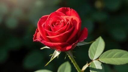 Beautiful Red Rose with Green Leaves.