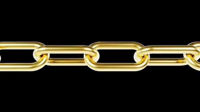 3D rendering of golden chain links rotating while sliding. Macro close up loop.