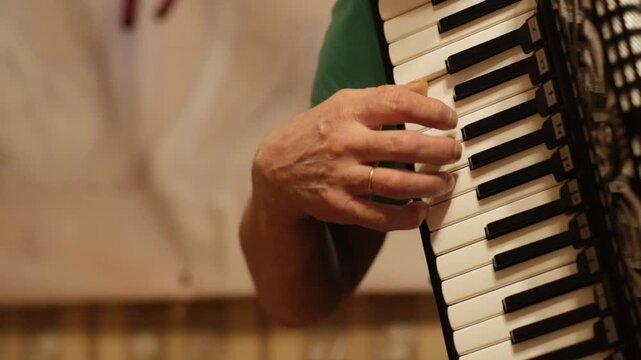 An individual performs on the accordion in a cozy room, focusing on hand techniques and musical expression while creating lively sounds.