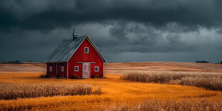 Classic red barn standing in the middle of a golden cornfield under a dramatic stormy sky with dark heavy clouds and cinematic lighting.
