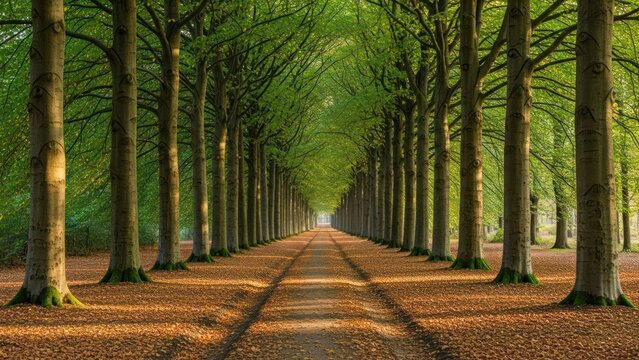 Serene Tree Lined Pathway in Forest.