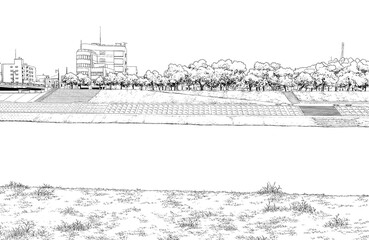 Fototapeta premium 漫画風ペン画イラスト 公園_河川敷