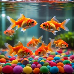Fototapeta premium Vibrant orange goldfish swimming among colorful pebbles in a clear aquarium
