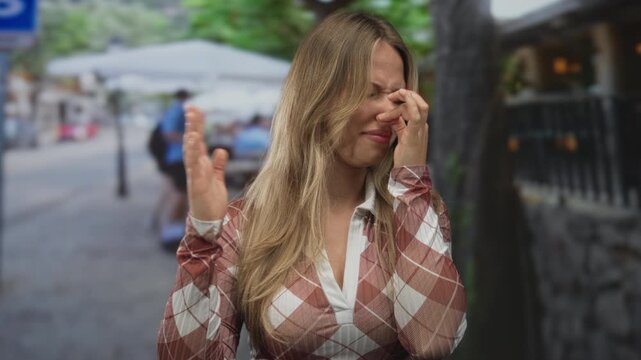 Blonde woman pinches nose with fingers and waves hand for distance on crowded street; disgust aversion avoidance repulsion.