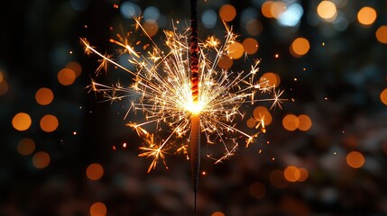 Close-up of sparkler burning in dark with light beams and bokeh effect, festive concept for New Year's Eve celebration and events