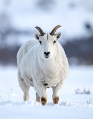 Fototapeta premium A majestic mountain goat walks confidently through the snowy terrain