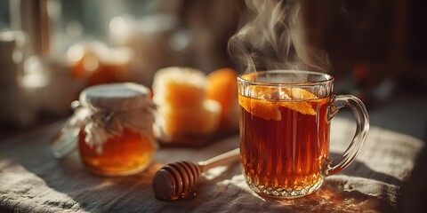 Clear glass mug filled with hot amber tea and fruit slices with steam rising in beautiful swirls, backlit by warm morning sunlight rays.