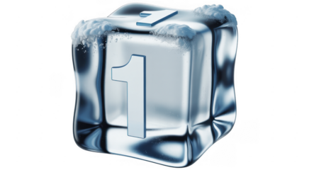 Ice Cube with Number One frozen cold transparent isolated on a transparent background