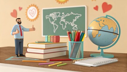 3D male teacher character standing beside desk objects