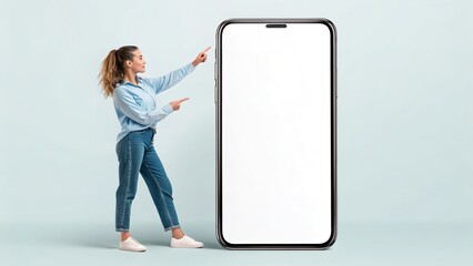 Woman pointing at large phone screen mockup with blank white display
