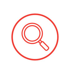 Red line art magnifying glass icon contained within a circular border isolated on a white background for design projects.