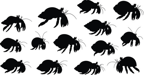 Naklejka premium Collection of black hermit crab silhouettes isolated on white background, marine crustaceans in various poses, ocean wildlife illustration for coastal, tropical, and aquatic design projects.