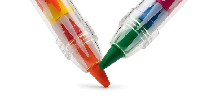 Two colorful wax crayons with clear plastic casing on white background  - Powered by Adobe
