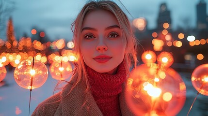 Close-up of woman in coat holding sparkler at New Year's Eve party, minimalist neutral palette for holiday design