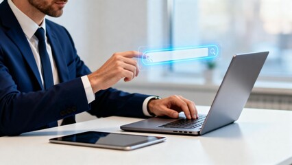 Businessman using laptop with search interface