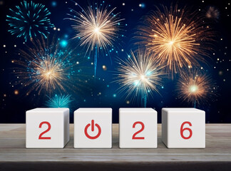 2026 start up business icon on white block cubes on wooden table over brightly colorful fireworks and night sky, Happy new year 2026 success concept