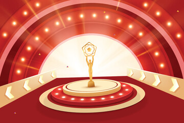Golden Premium Luxury Award On Podium With Glowing Bling Lights On Red Background. Royal Theme Award Event Concept Design Vector Illustration.