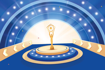 Golden Premium Luxury Award On Podium With Glowing Bling Lights On Blue Background. Royal Theme Award Event Concept Design Vector Illustration.