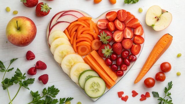 Heart shaped arrangement of colorful fresh fruits and vegetables