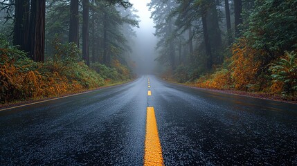 Road winding through California redwood forest with misty trees background, wide angle shot with copy space for travel and nature themes