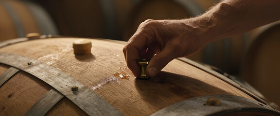 A winemaker's hand inserting a bung into an oak wine barrel. Close-up of the aging process in a traditional winery cellar