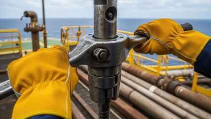 Close Up Of Hands In Yellow Gloves Tightening Industrial Machinery On An Oil Rig With Ocean Background