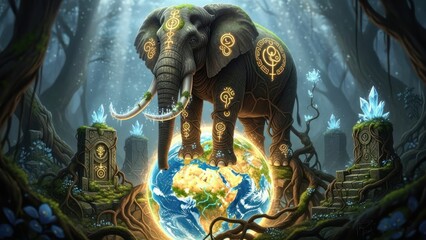 Mystical elephant standing atop Earth amidst a glowing forest. Trees and ancient structures surround