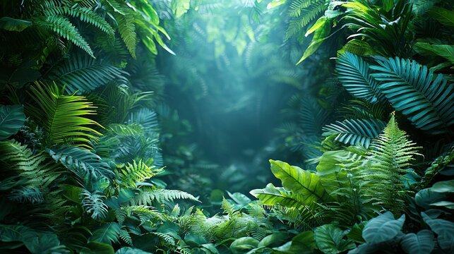 Dark abstract background of green tropical leaves and ferns, nature-inspired flat lay for web, print and design projects