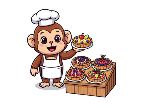 Monkey chef holding dessert pastry.