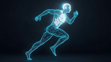Obraz premium Digital human runner in glowing blue polygonal network for advanced athletic performance analysis