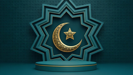 Islamic product display podium with teal geometric star backdrop and golden filigree crescent moon and star symbol for Ramadan and Eid marketing campaigns and promotional showcases.