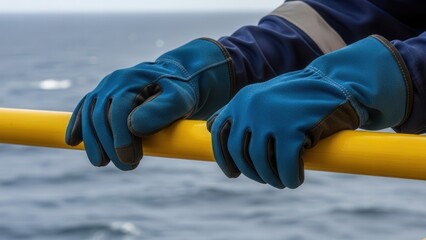 Close Up Of Person Wearing Blue Work Gloves Holding Onto Yellow Railing With Ocean In Background