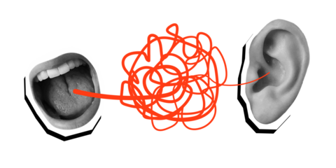 Screaming open mouth with a red tangled ball and ear. Modern collage style. Illustration on a transparent background