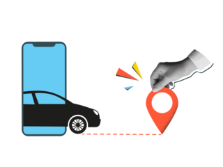 A car silhouette coming out of smartphone screen to a red destination pin mark in a hand. Taxi order. Modern collage style. Illustration on a transparent background