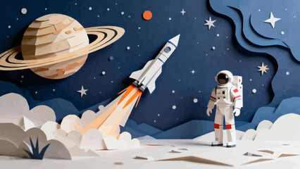 Paper art astronaut rocket planet © k8m