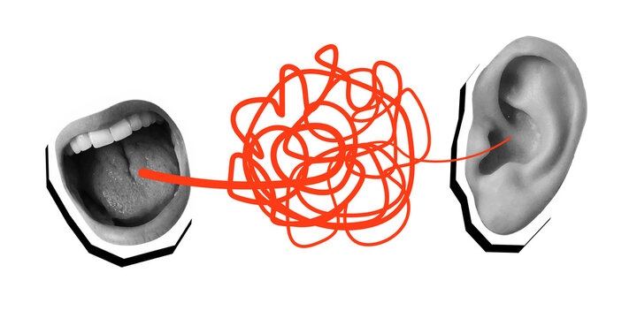 Screaming open mouth with a red tangled ball and ear. Modern collage style. Illustration on a transparent background
