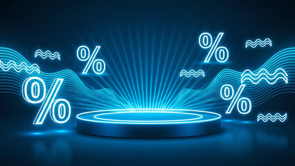 Futuristic blue neon sale background with floating percent signs, wavy light lines, and a central circular podium stage for digital commerce and online marketing promotions.