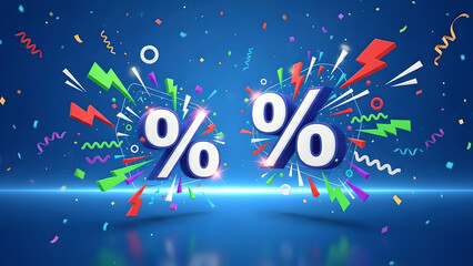 Explosive 3D sale background with large percent symbols, colorful lightning bolts, and confetti on a bright blue stage for high energy retail promotions and big discount events.